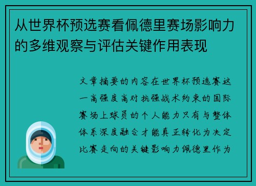从世界杯预选赛看佩德里赛场影响力的多维观察与评估关键作用表现 从世界杯预选赛看佩德里赛场影响力的多维观察与评估关键作用表现